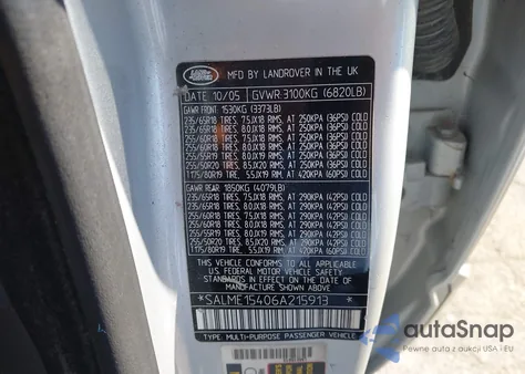 2006 Land Rover Range Rover Hse z USA, uszkodzony, nr VIN SALME15406A215913